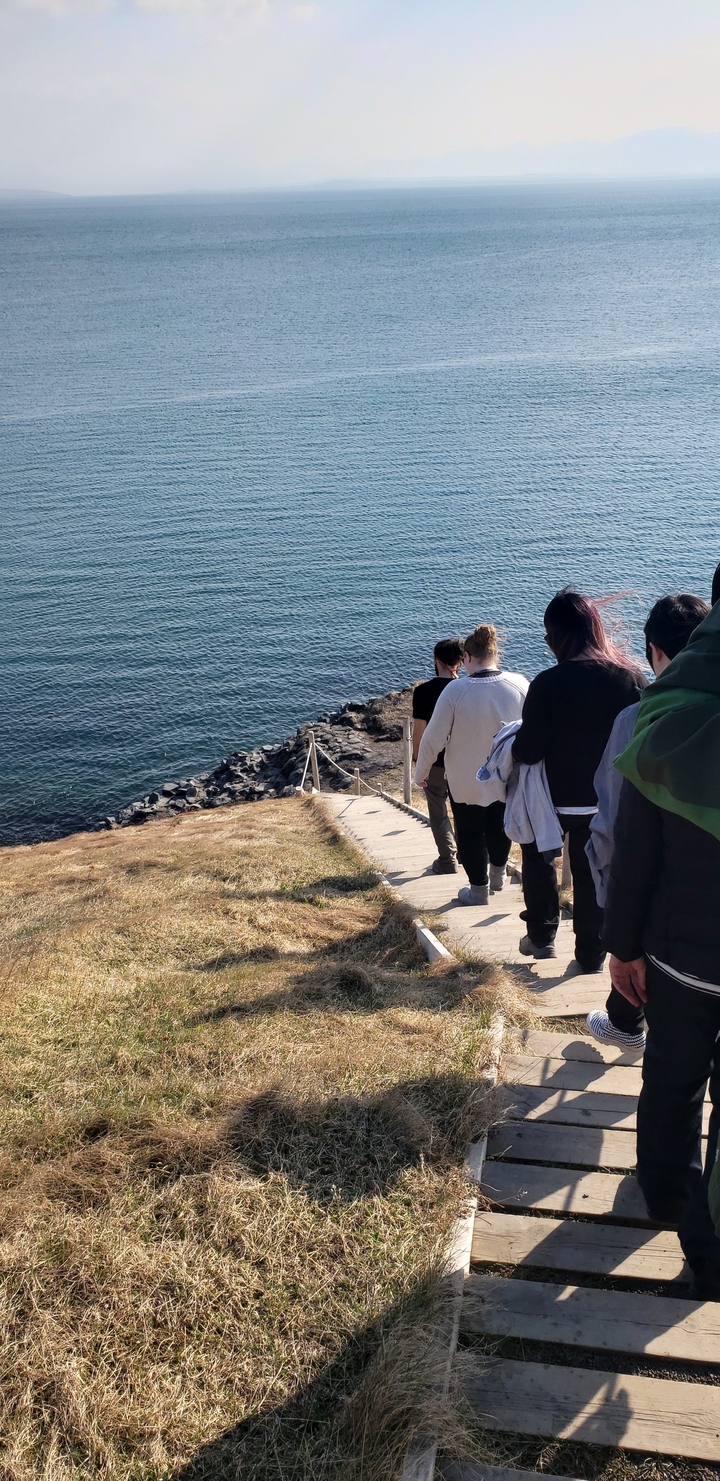 Group of people walking down steps toward a coastline.