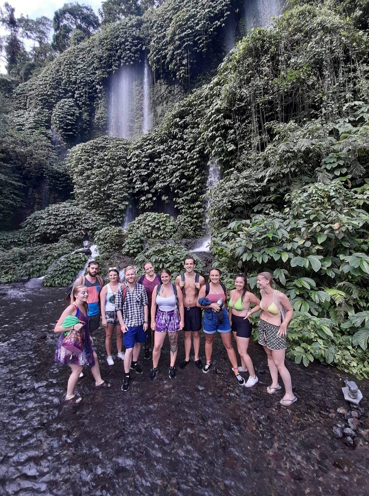 Group of people standing in front of a waterfall surrounded by greenery.