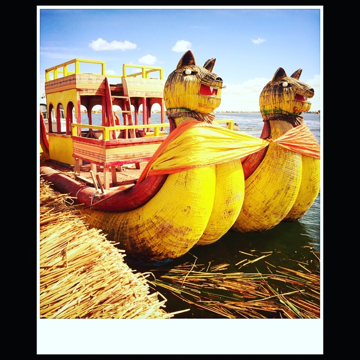 Colorful reed boats docked along the shore.