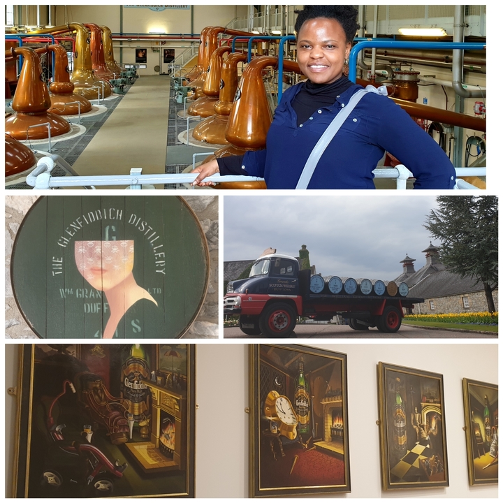 Collage d'images de la distillerie Glenfiddich incluant la signalétique et un camion.