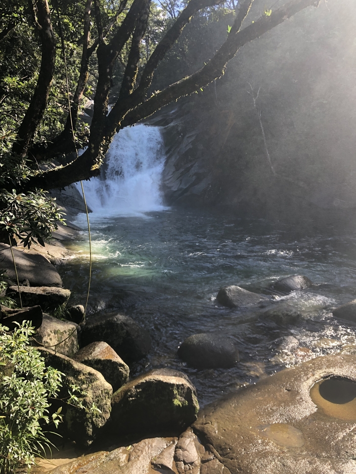 Natural waterfall cascading into a small pool surrounded by rocks.