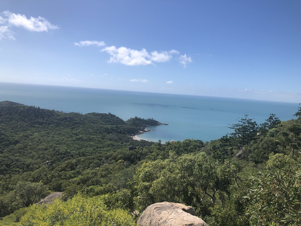 Aerial view of a tropical coastline with lush greenery.