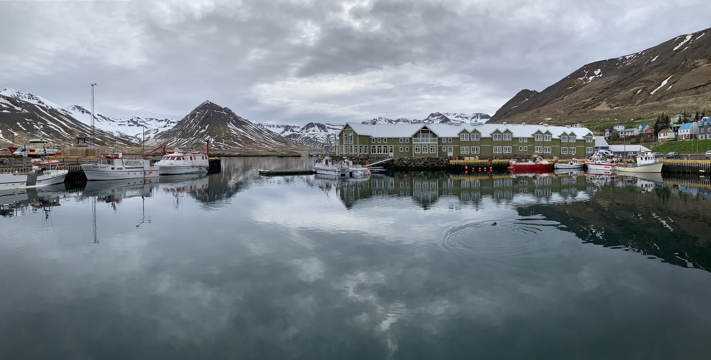 Scenic fjord with boats and snow-covered mountains.