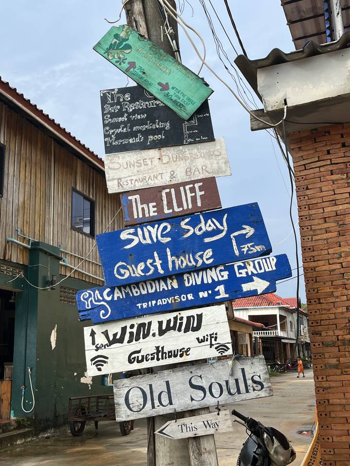 Colorful signposts outside a local establishment.