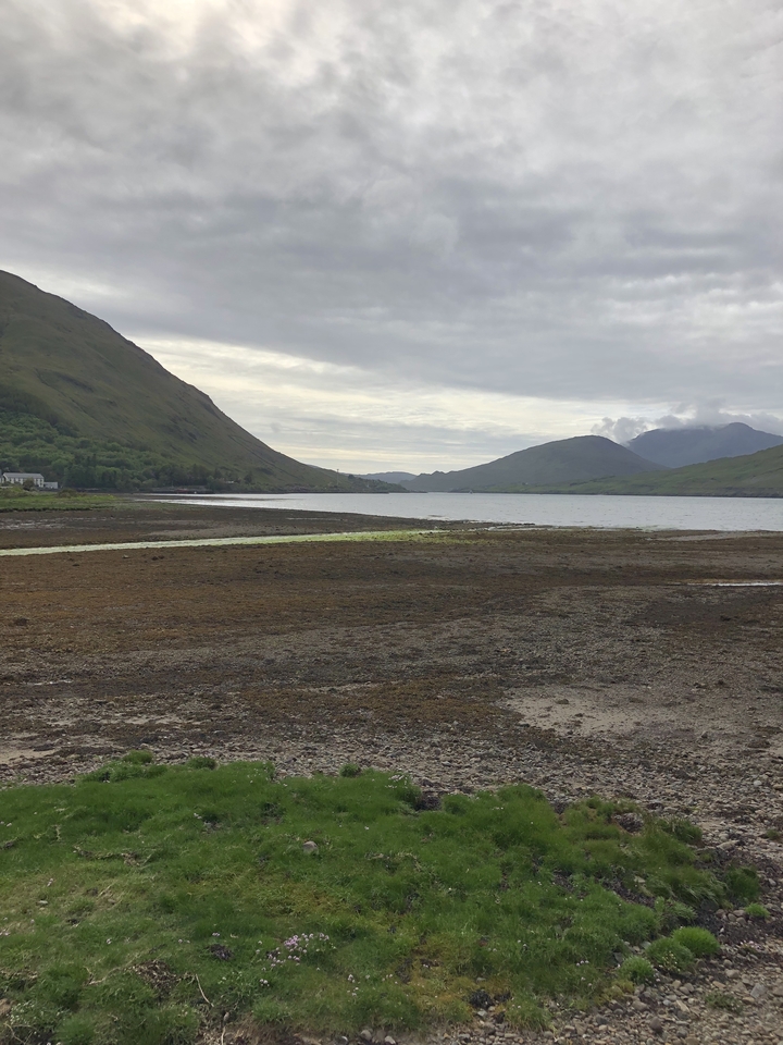 Coastal landscape with low tide and mountains.
