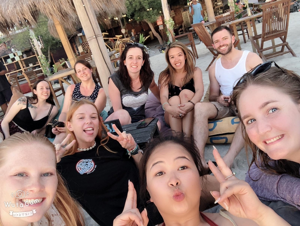 Group of friends relaxing on a beach.
