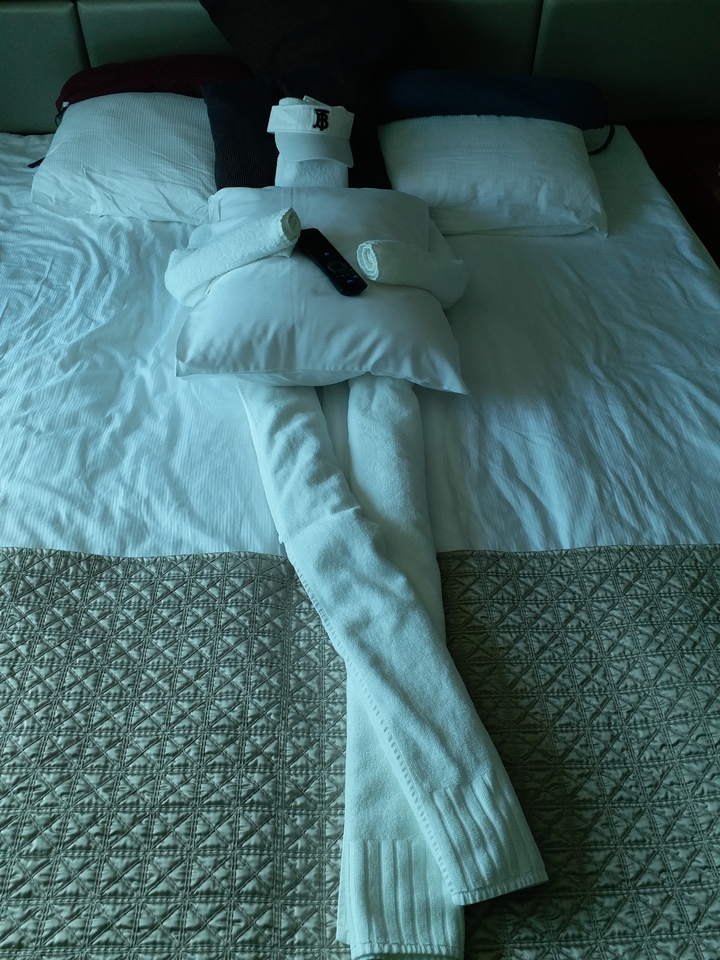 Serviettes disposées de manière décorative sur un lit de navire.