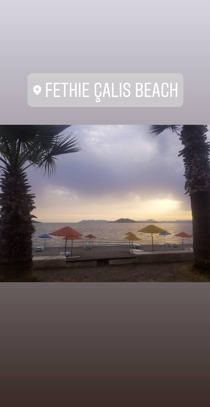 Beach with colorful umbrellas at sunset.