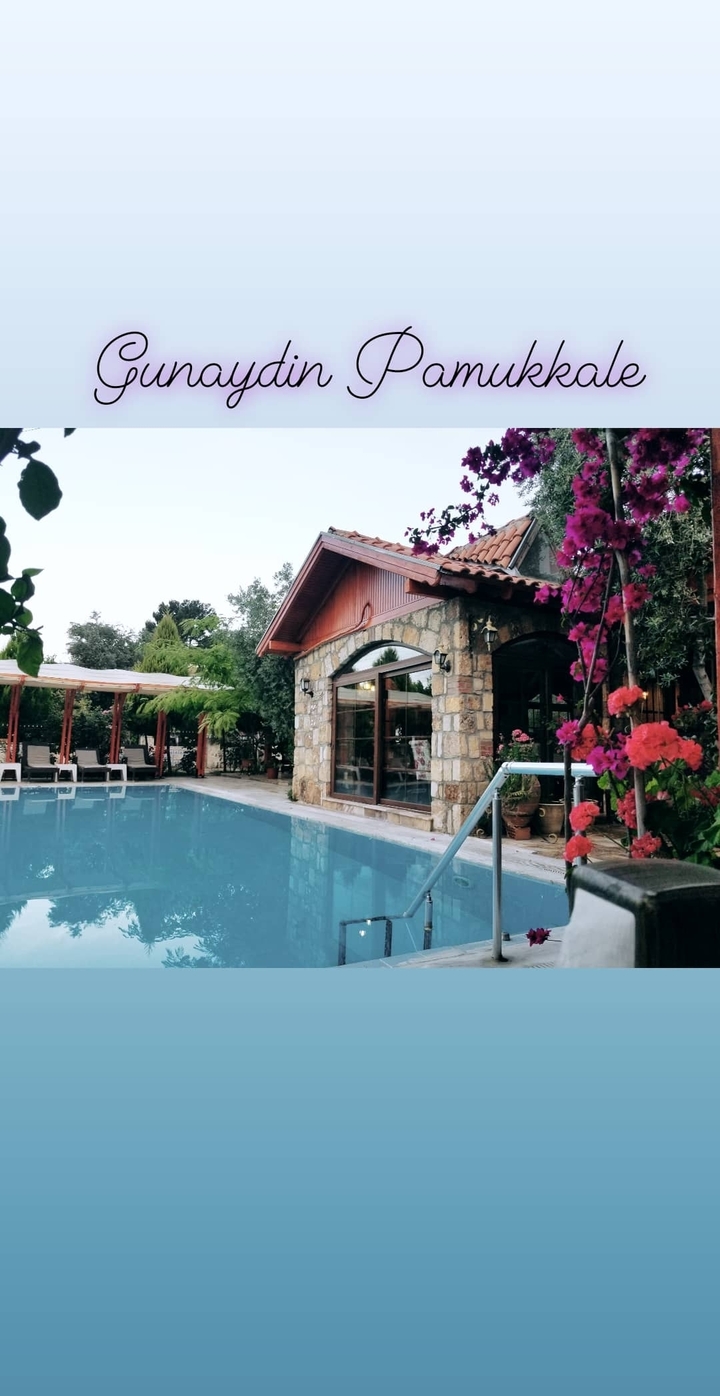 Rustic stone house and pool surrounded by greenery.