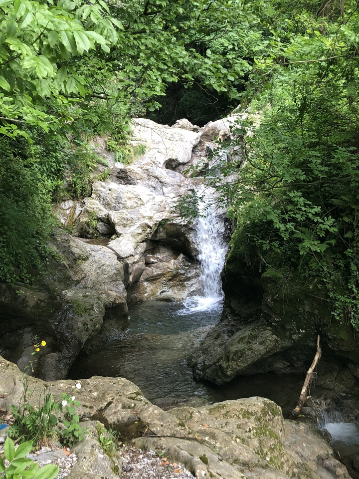 Une petite cascade entourée de rochers et de verdure.