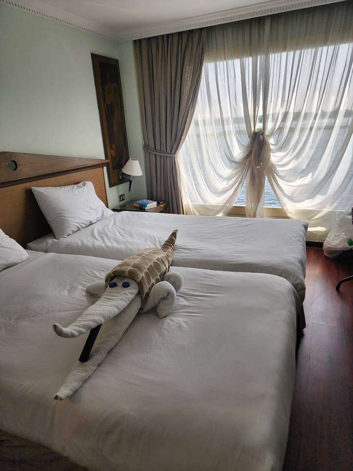 Hotel room with a view of the Nile.