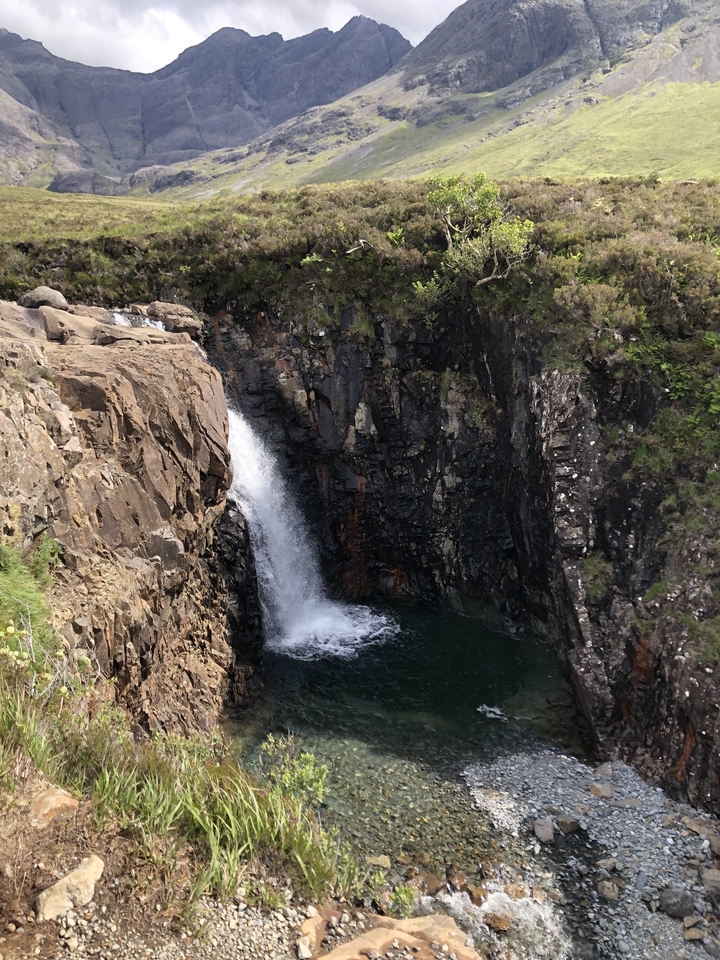 A waterfall flowing into a dark pool surrounded by cliffs.