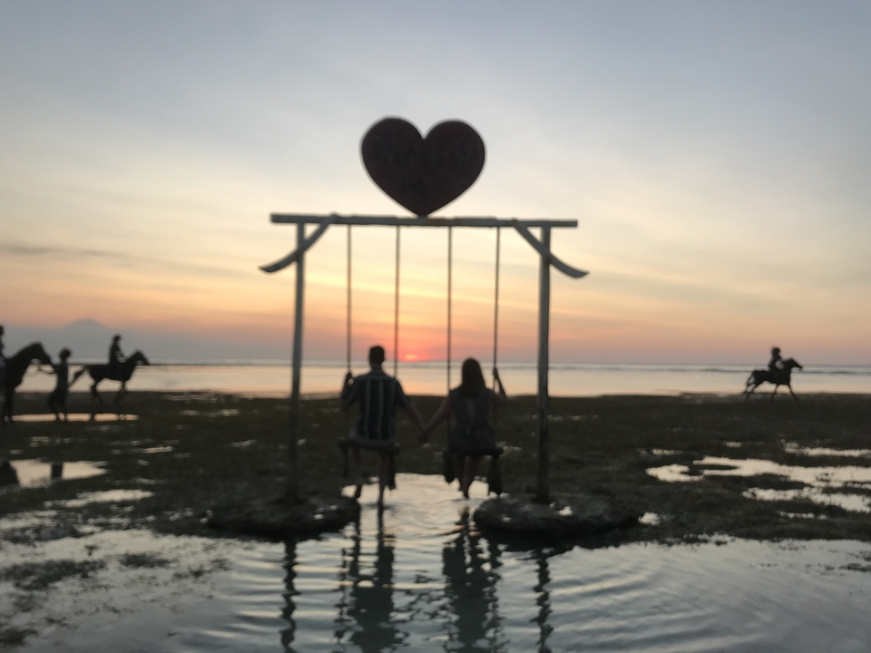 Silhouetted couple on a swing at sunset with horses in the background.