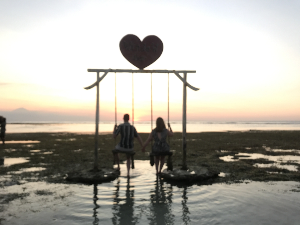 Blurry image of a couple on a swing at sunset.