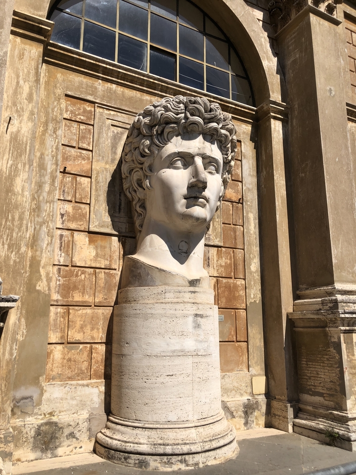 Large marble head sculpture displayed outdoors.