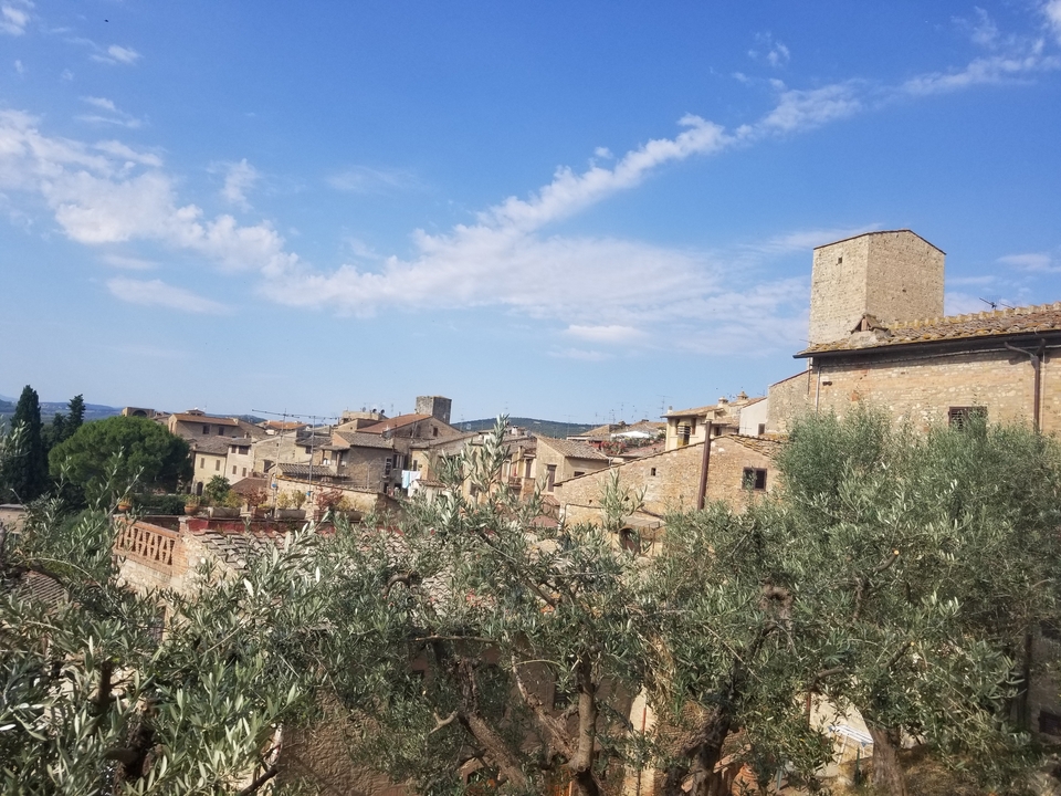 View of a Tuscan town with stone buildings and olive trees.
