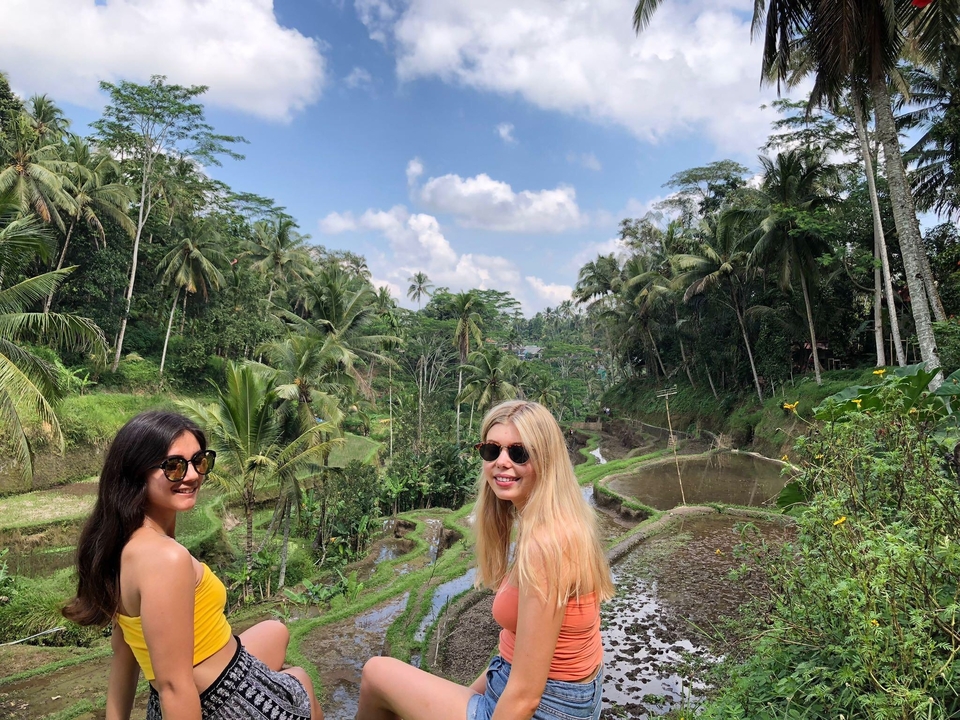 Two women standing in a lush, terraced landscape with palm trees.