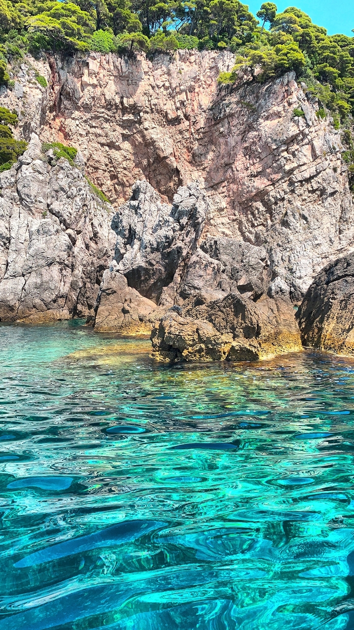 Sunny view of rocky shoreline and clear water