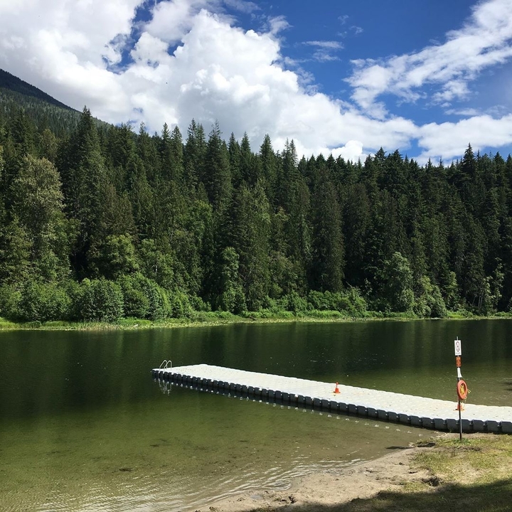 Dock extending into a peaceful lake surrounded by forest.