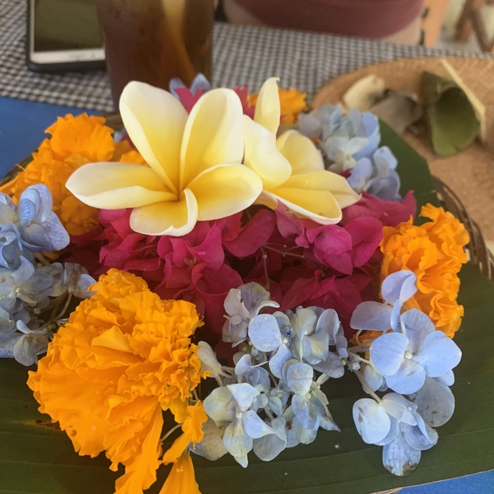 Colorful arrangement of tropical flowers.