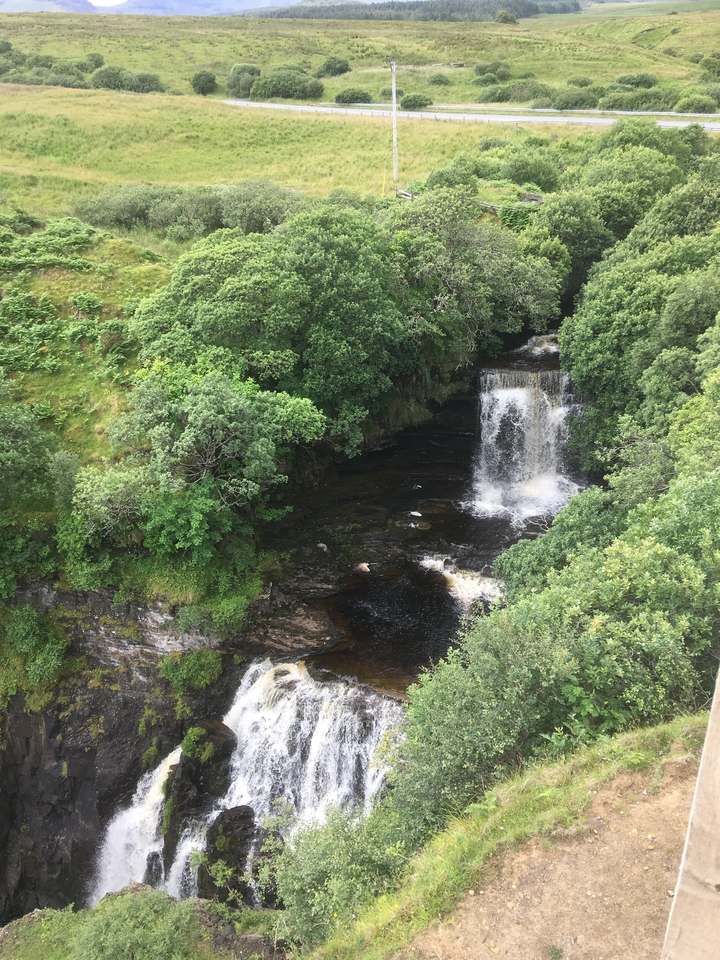Small waterfall surrounded by lush greenery.