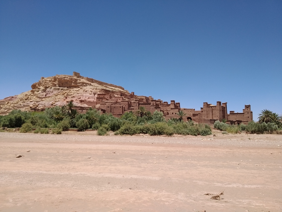 Historic Ait Benhaddou village with earthen buildings.