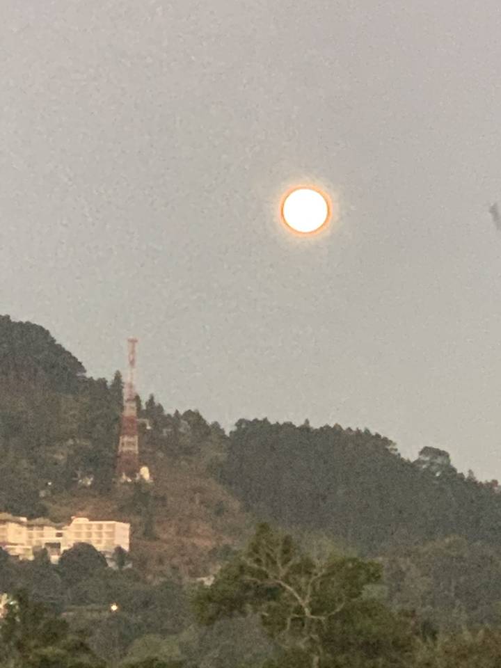 Full moonrise over a forested area.