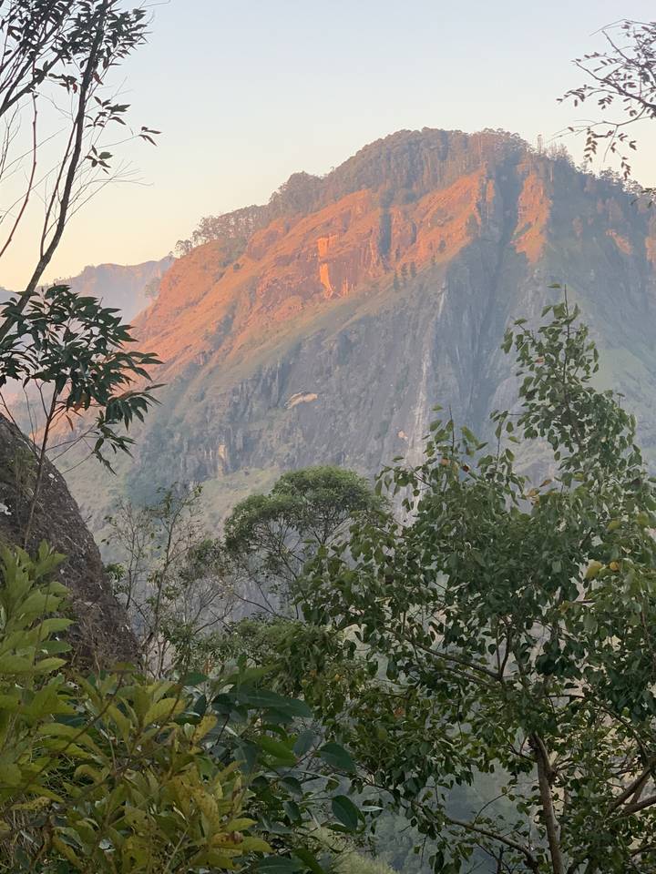 Mountain side with orange hue from sunset.