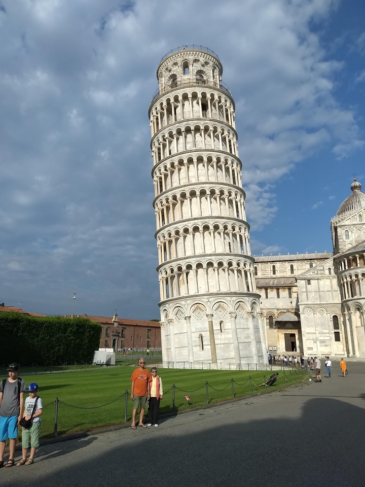 Close-up view of the Leaning Tower of Pisa.