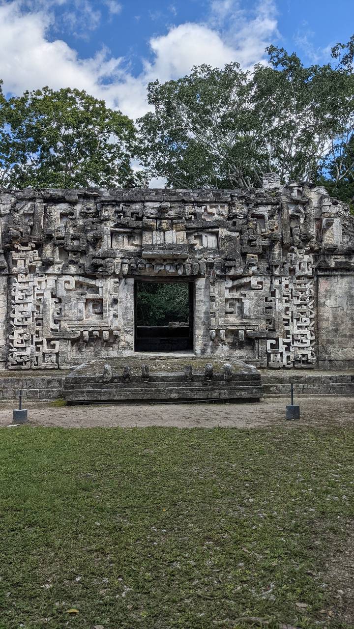 Mayan ruin with intricate carvings surrounded by trees