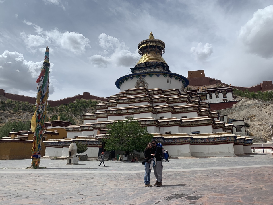 Deux personnes debout devant un grand temple