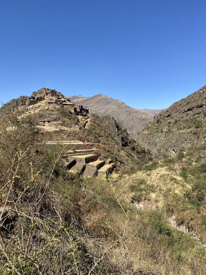 Terrasses archéologiques au milieu d'un terrain montagneux aride.