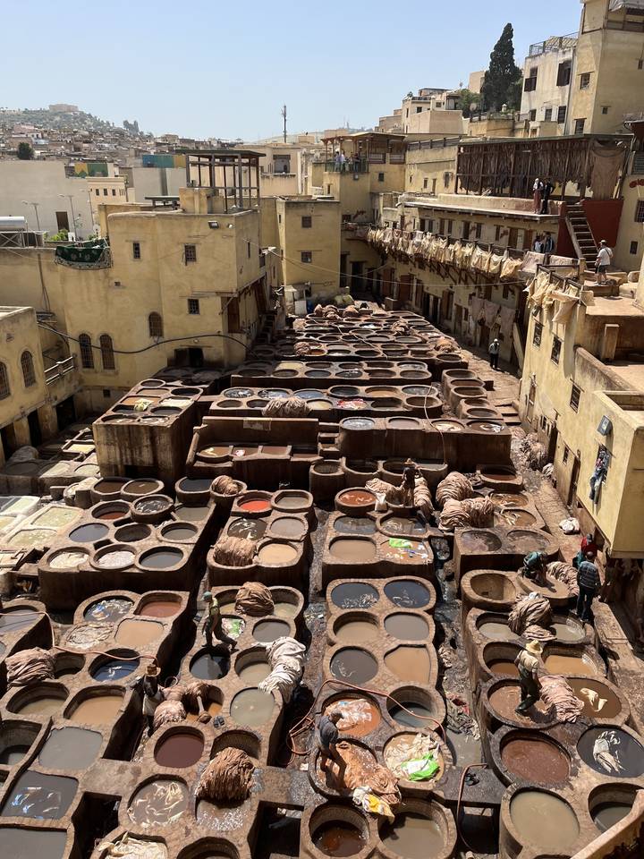 Traditional tannery with drying leather.