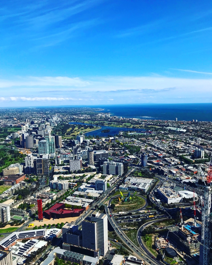 Aerial view of Melbourne city skyline with a river.
