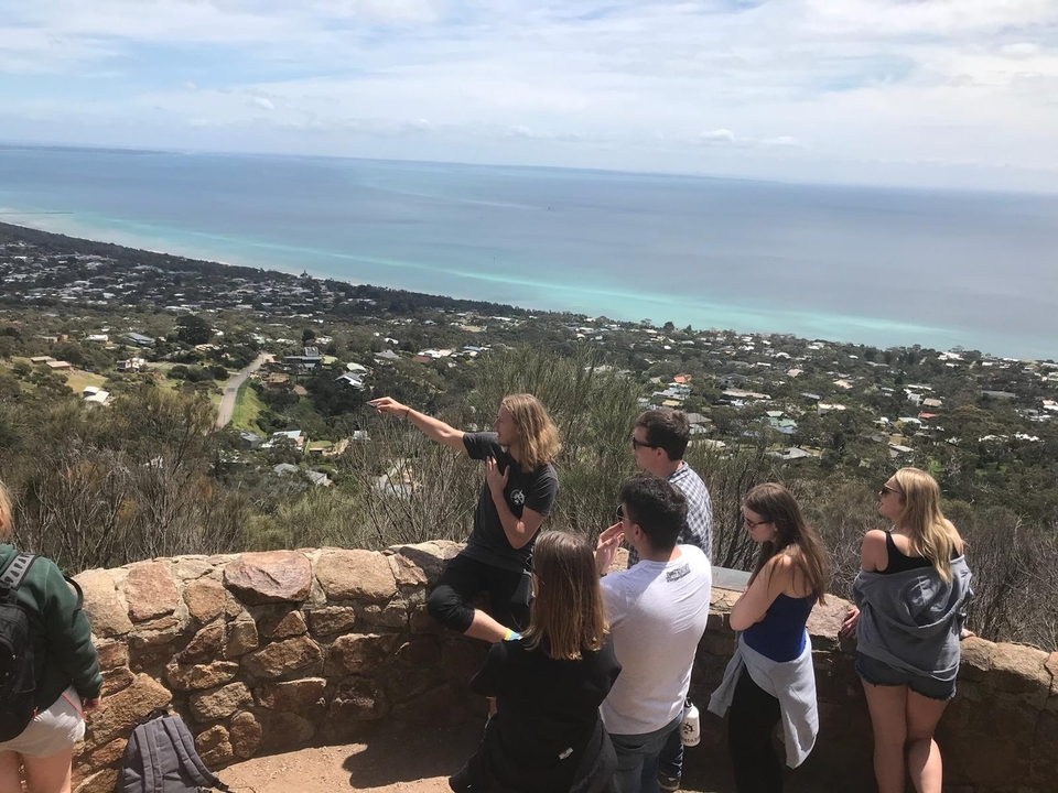 People enjoying a panoramic view of the coastline.