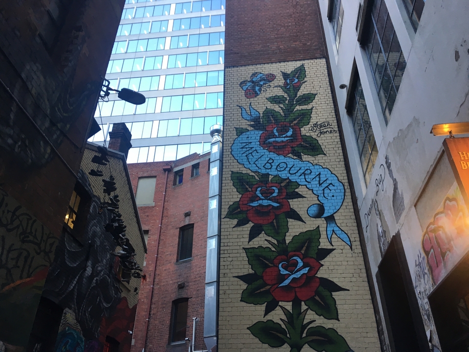 Melbourne street art with floral and text elements.