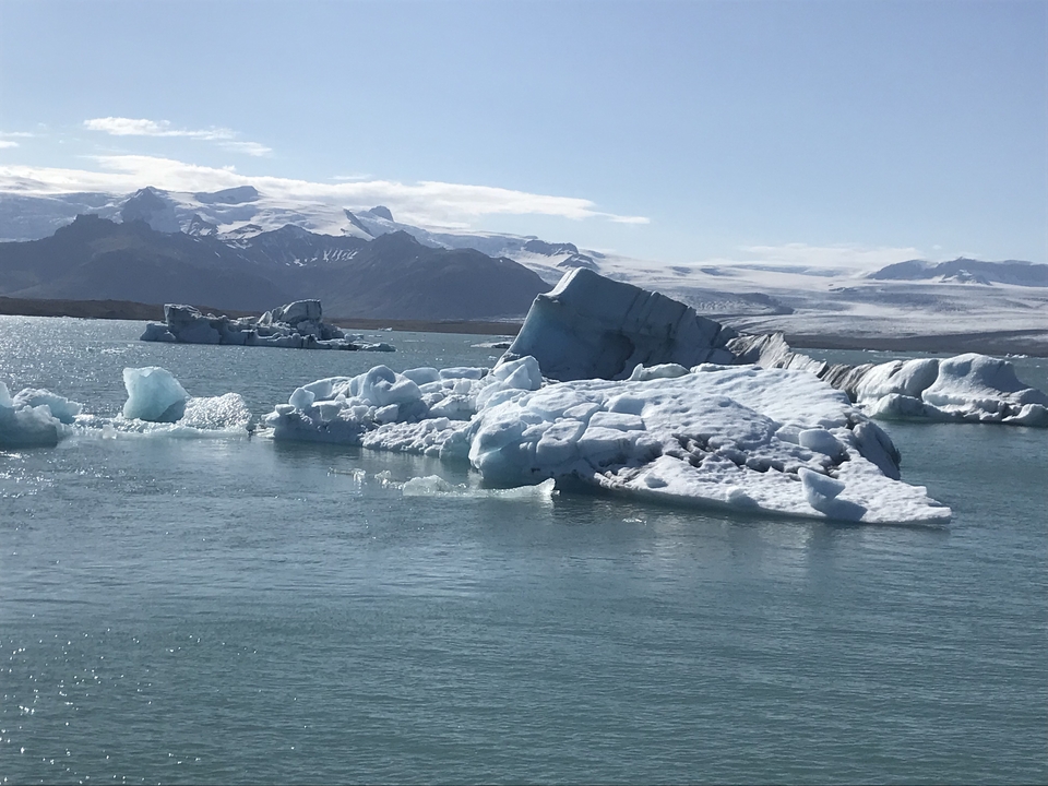 Icebergs floating in a glacier lagoon.