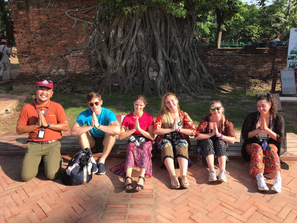 Groupe assis devant un arbre ancien avec des racines et un visage dans le tronc.