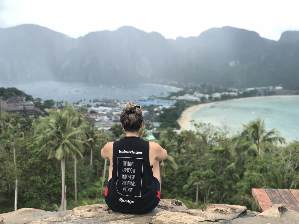 Person sitting in a scenic viewpoint overlooking a beach and town.
