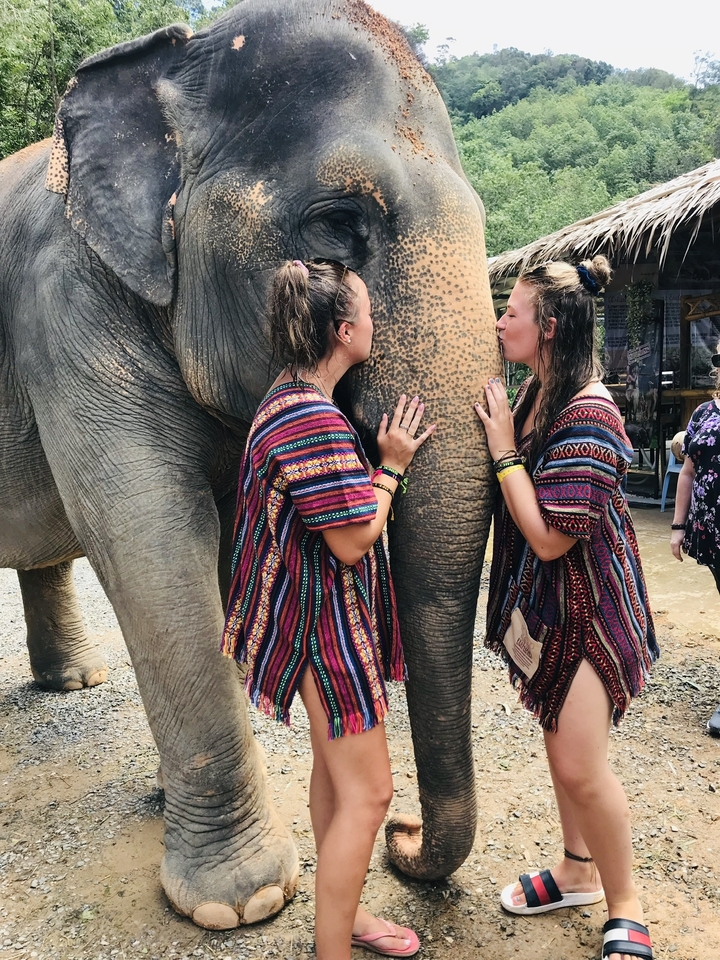 Two people in colorful clothing embracing an elephant's trunk.