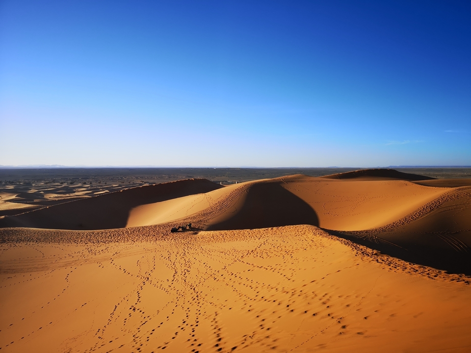 Vast desert landscape with rolling sand dunes.