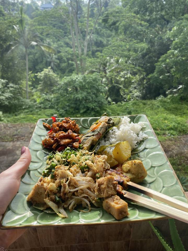 A plate of traditional food with a forest view.