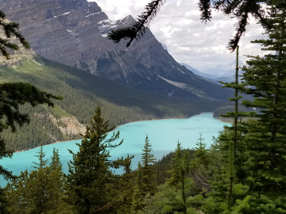 Vue d'un lac bleu entouré d'un paysage montagneux.