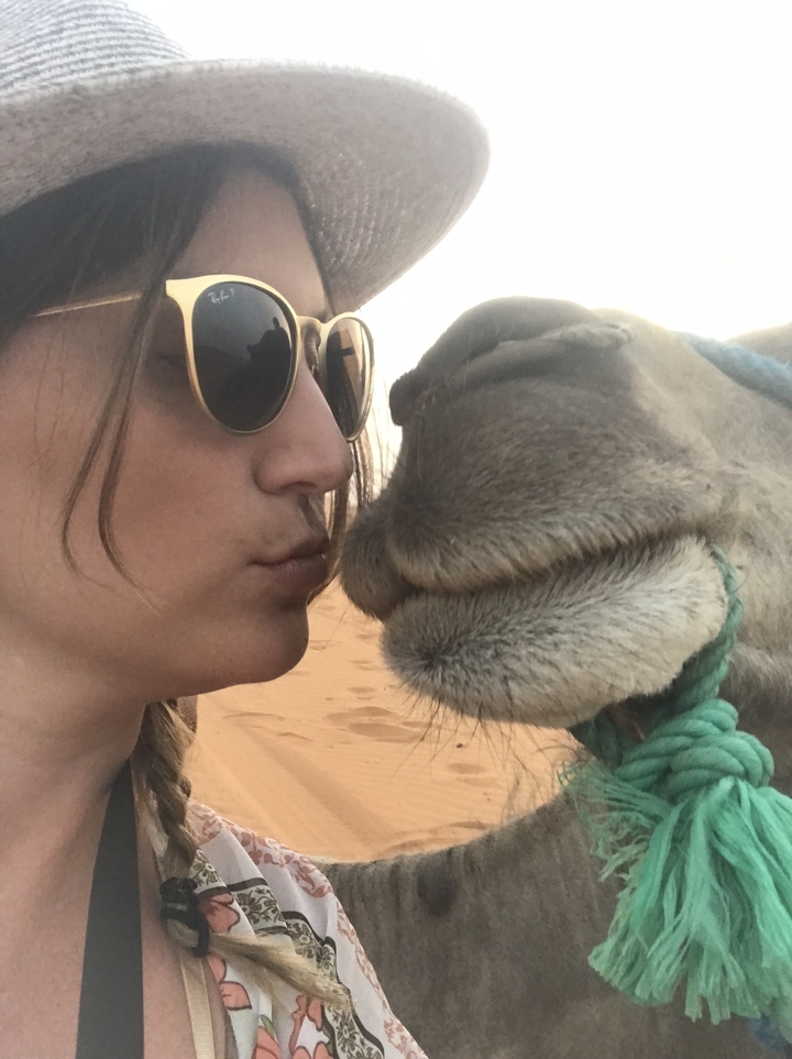 Close-up of a woman and a camel's face touching.