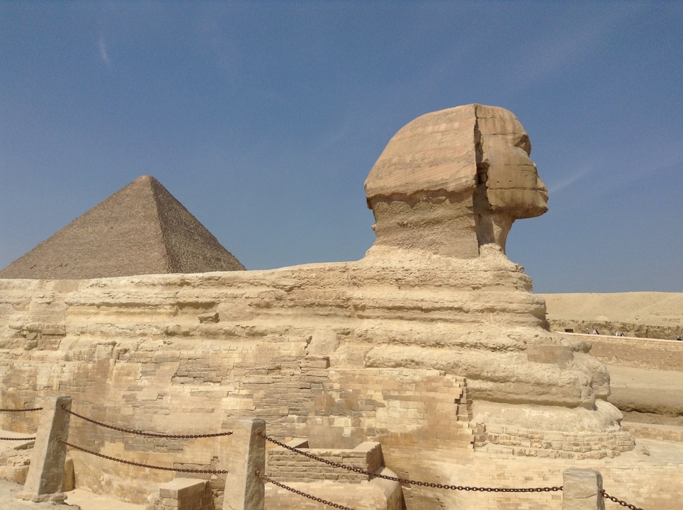 Sphinx and pyramid with clear sky