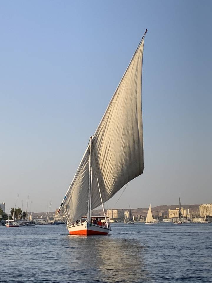 Sailboat on a body of water with a cityscape in the background.