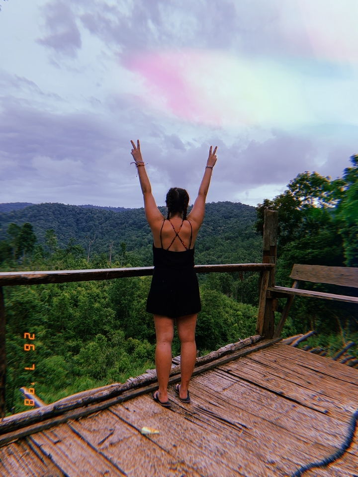 Woman raising arms overlooking a rainforest vista.