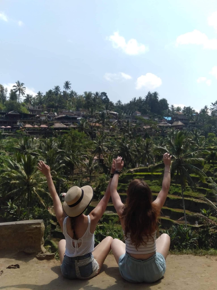 Three people raising their arms, admiring a view of rice terraces.