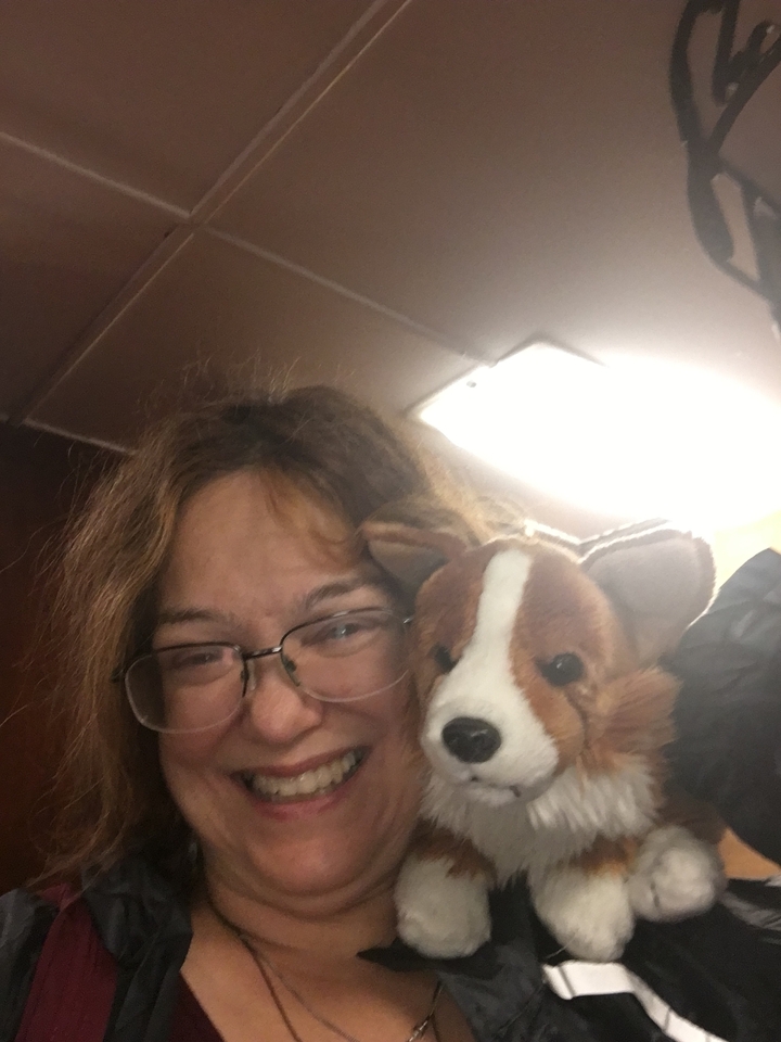 Personne tenant un animal en peluche et souriant.