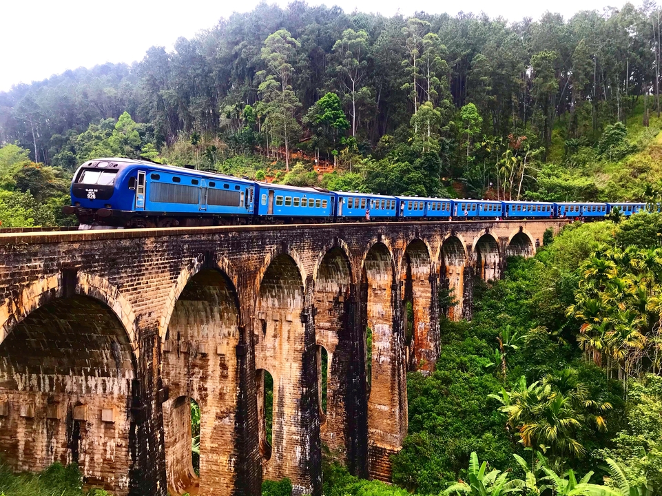 Blue train crossing a large arched stone bridge in a jungle setting.